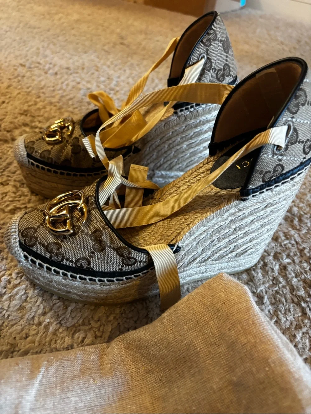 Gucci Beige GG Canvas Espadrille Wedges with Yellow Ribbon